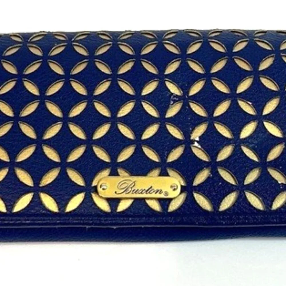 Buxton Womens Wallet Blue & Gold Lazer Cut Organizer Travel Zipper ID Holder